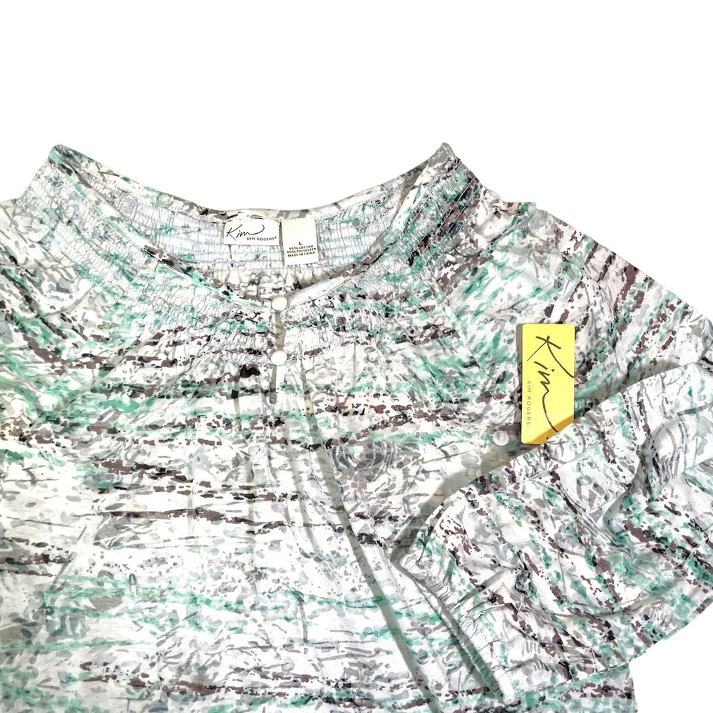 NEW‎ Kim Rogers L Blue Green Abstract Smocked Neck Blouse Boho Coastal Grandma